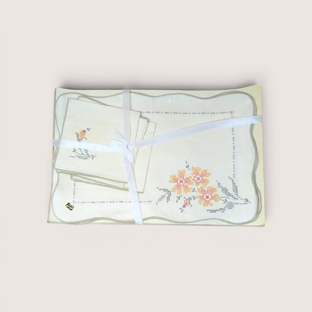 Vintage Bucilla 8 Piece Floral Cross Stitch Table Linen Set